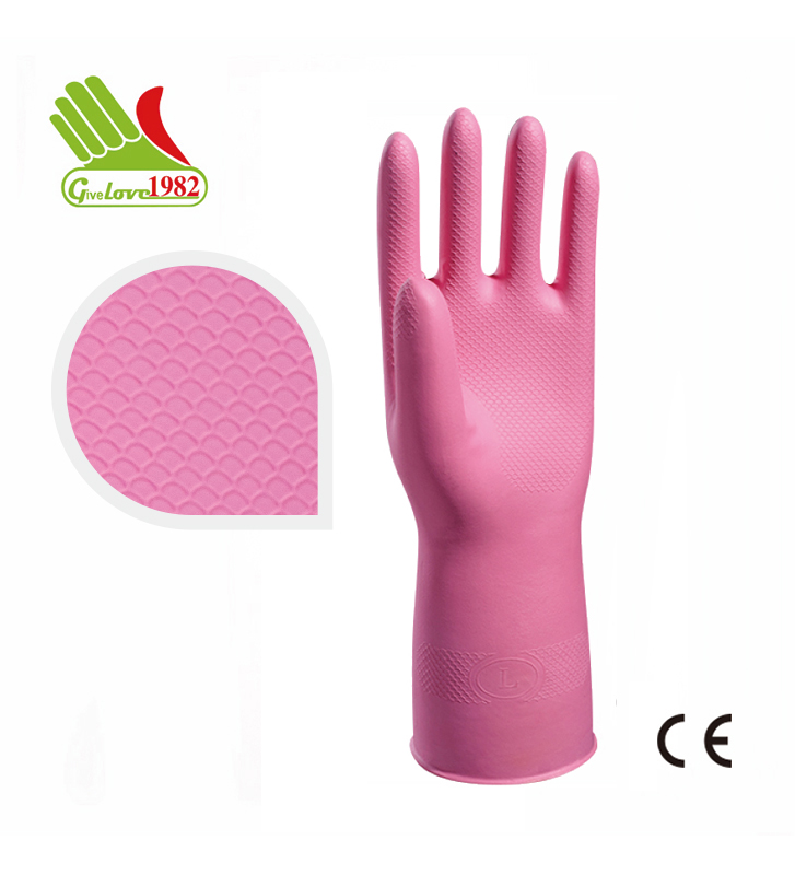 粉红色喷绒家用乳胶手套