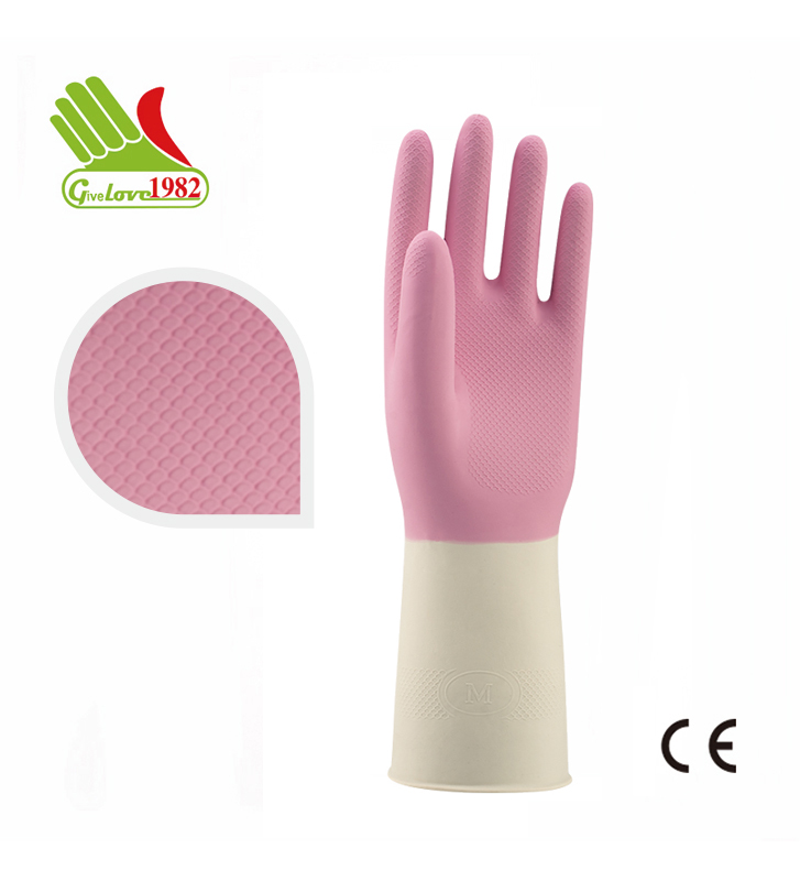 308 LFL-60g 粉色+白色双色喷绒家用乳胶手套