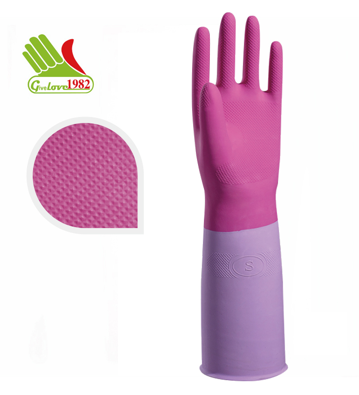 603 LFL-70g14"/90g14" 玫粉+浅紫双色喷绒家用乳胶手套
