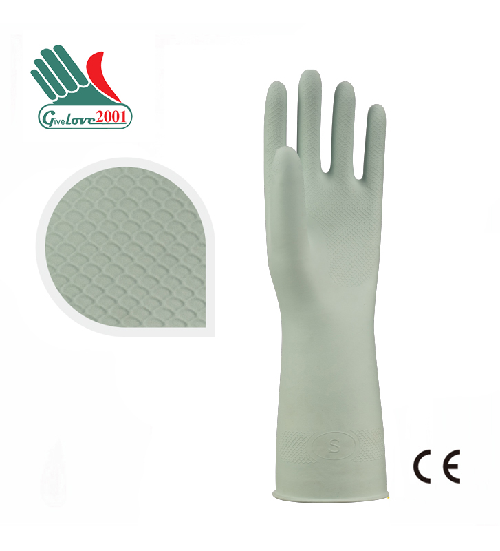 314 LFL-45g/55g/60g  12”淡绿色喷绒家用乳胶手套